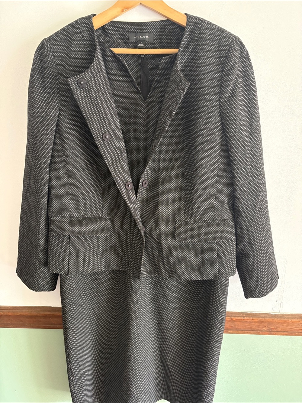 Anne Taylor Black Collarless Textured Blazer and Dress Set - Picture 2 of 5